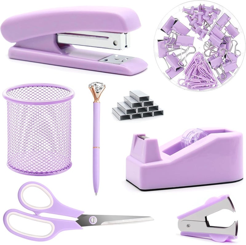 Famassi Purple Office Supplies, Purple Desk Accessories, Stapler, Staple Remover, Tape Holder, Pen Holder, Ballpoint Pen, Scissor, Binder Clips, Paper Clips and 1000pcs Staples. - Image 1
